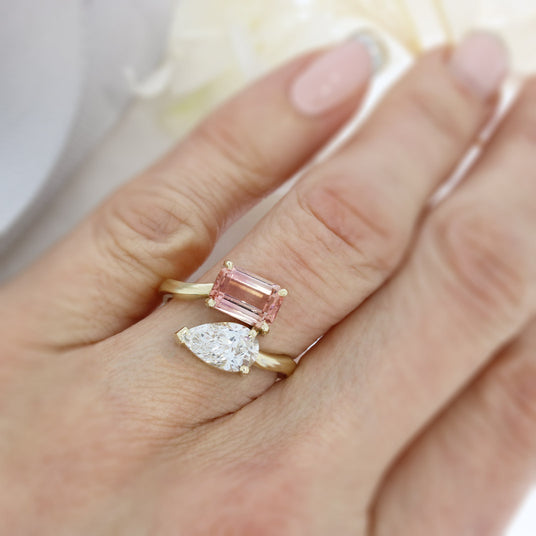 9ct Pink Tourmaline & Pear Shape Certified Lab Diamond Moi et Toi Ring