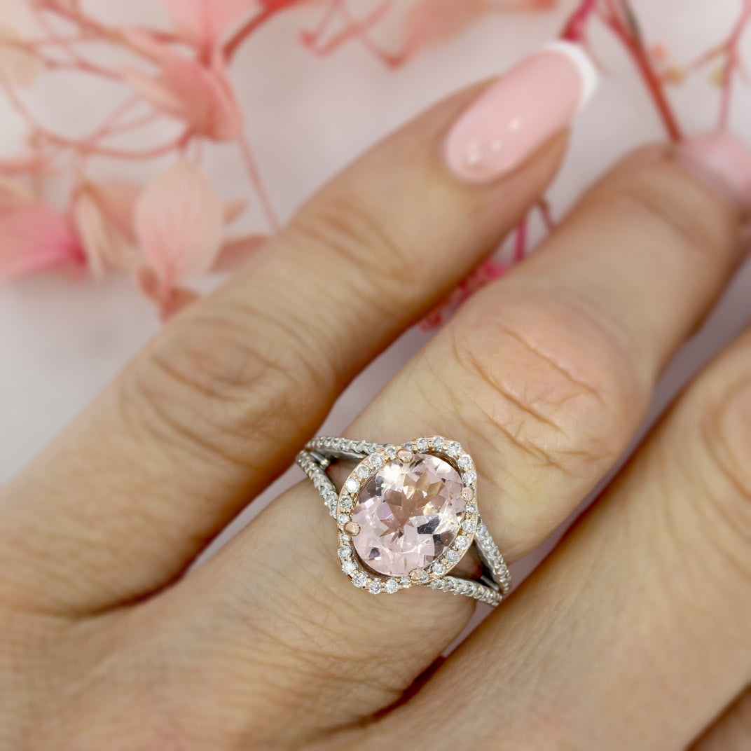 Pre Owned 14ct Rose Gold Morganite & Diamond Halo Ring