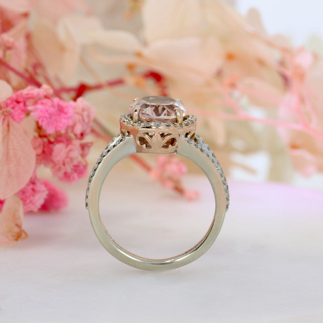 Pre Owned 14ct Rose Gold Morganite & Diamond Halo Ring