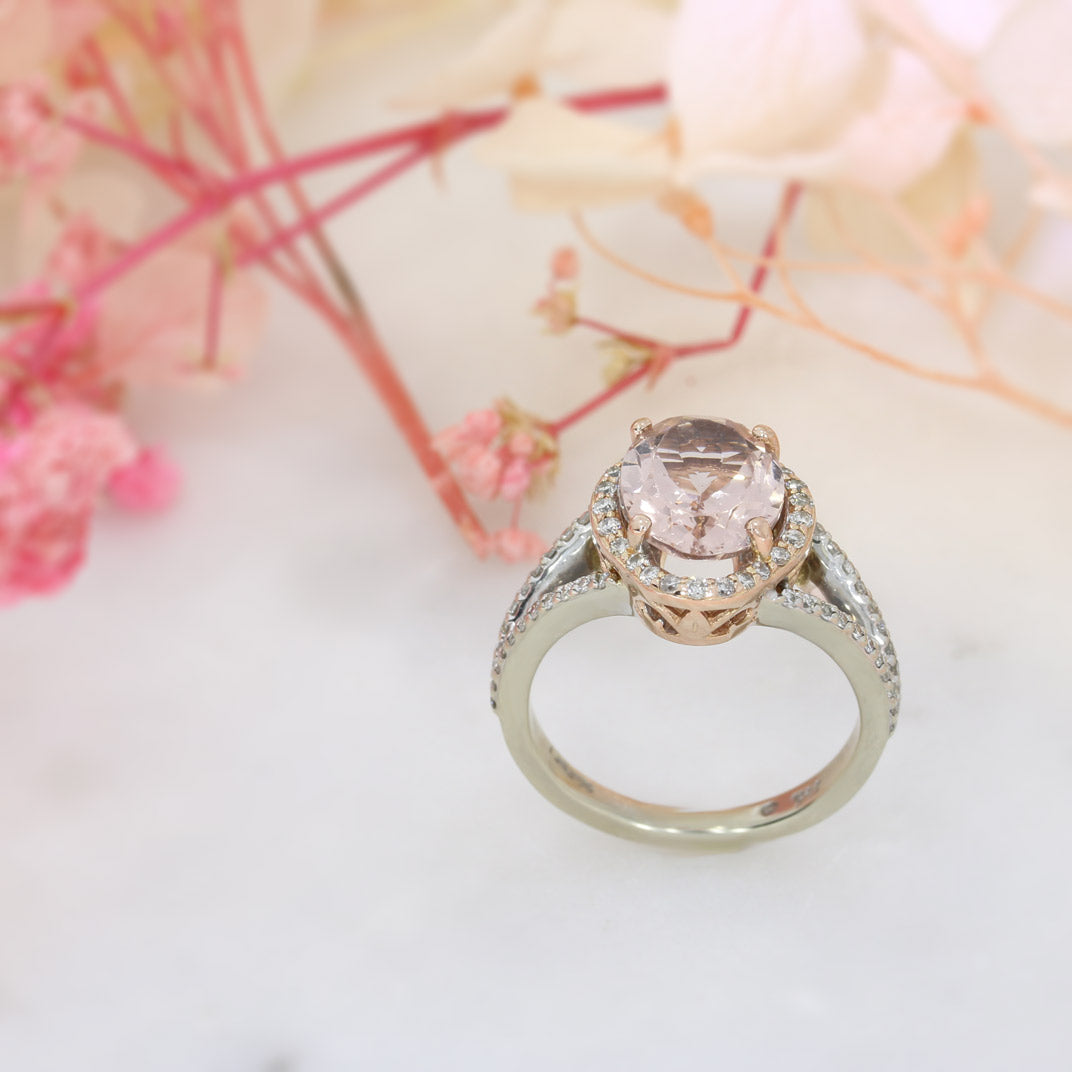 Pre Owned 14ct Rose Gold Morganite & Diamond Halo Ring