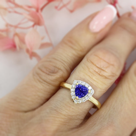 Pre Owned 18ct Yellow Gold Trillian Cut Tanzanite & Round Diamond Halo Ring