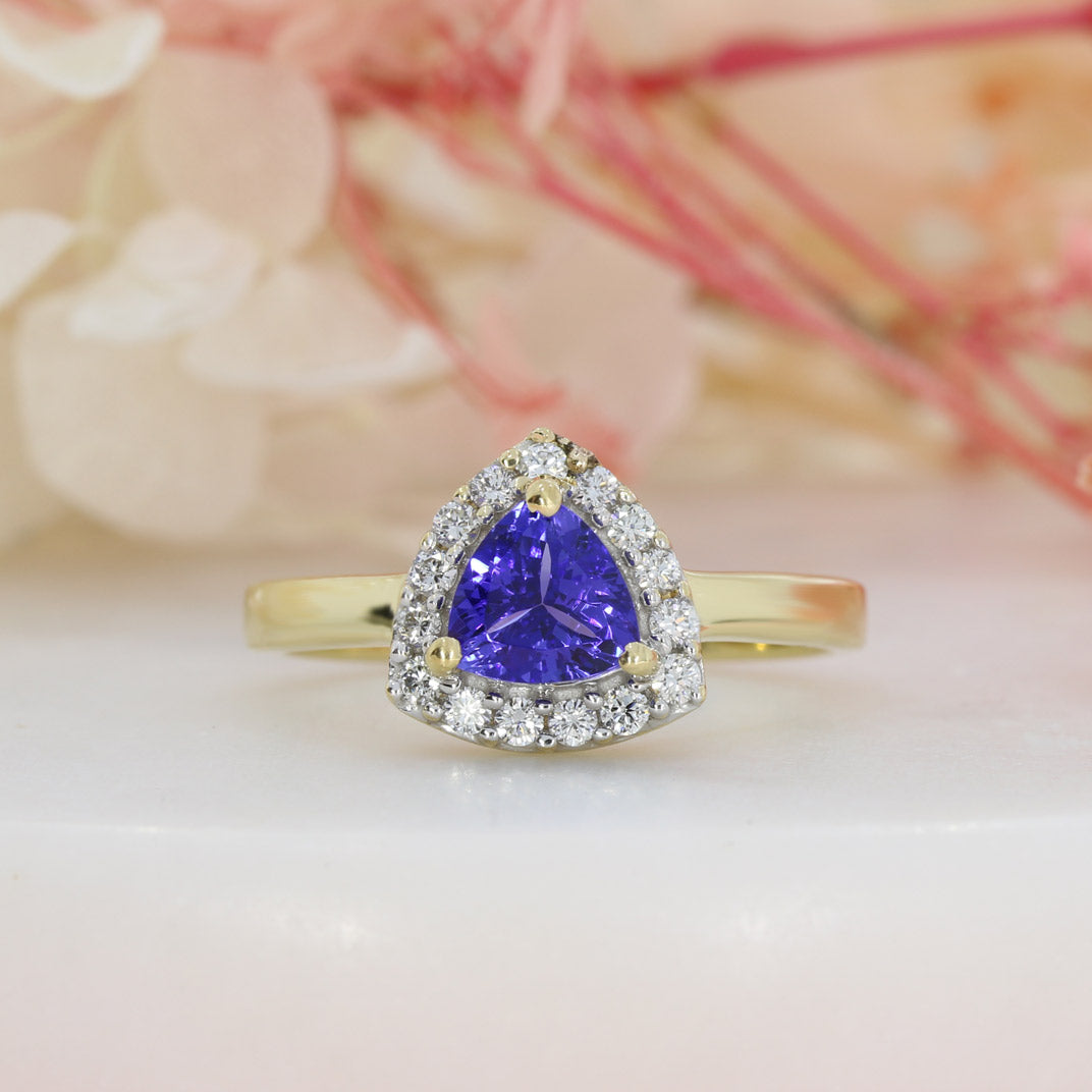 Pre Owned 18ct Yellow Gold Trillian Cut Tanzanite & Round Diamond Halo Ring
