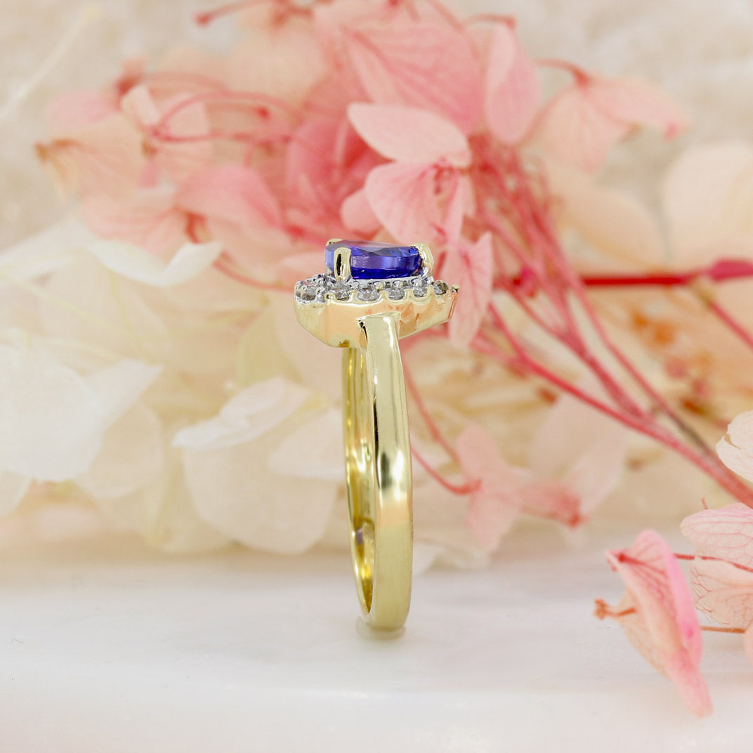 Pre Owned 18ct Yellow Gold Trillian Cut Tanzanite & Round Diamond Halo Ring
