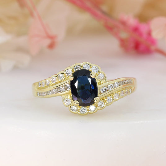 Pre Owned 18ct Gold Oval Sapphire & Diamond Crossover Dress Ring