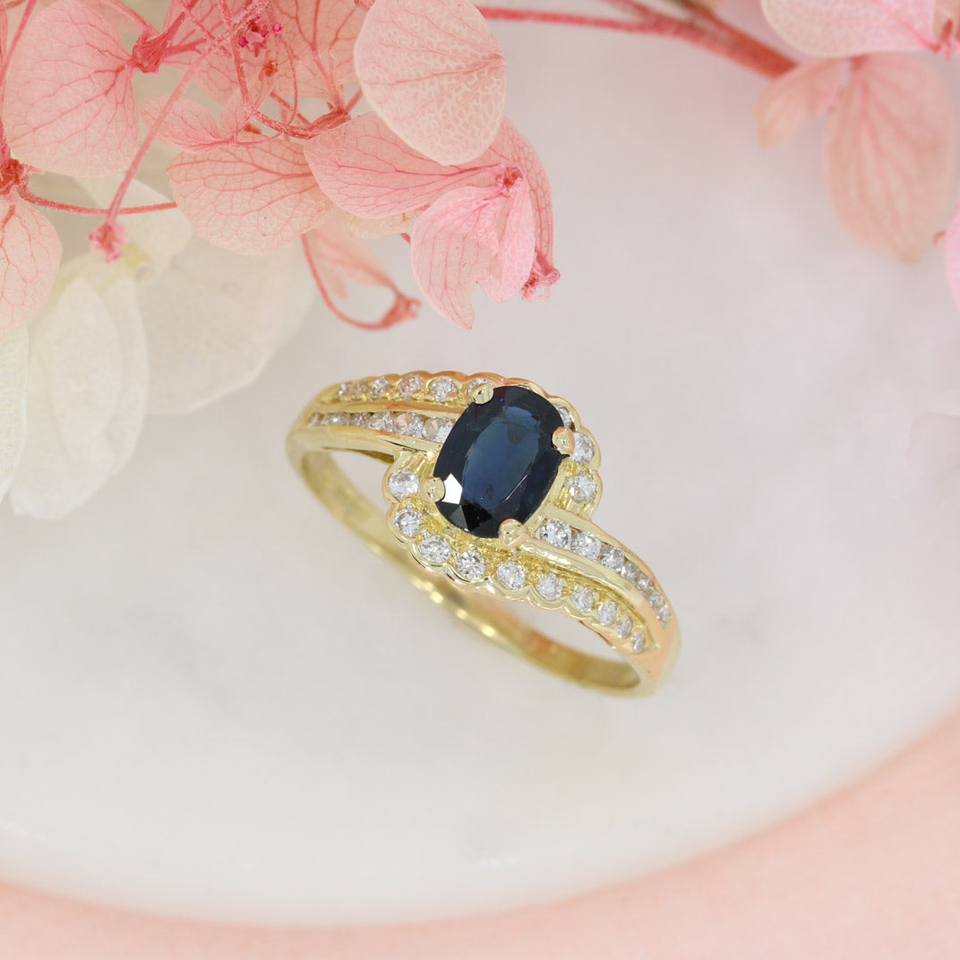 Pre Owned 18ct Gold Oval Sapphire & Diamond Crossover Dress Ring