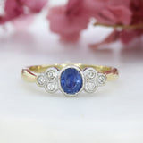 Pre Owned 9ct Yellow Gold Oval Rubover Sapphire & Brilliant Cut Diamond Ring