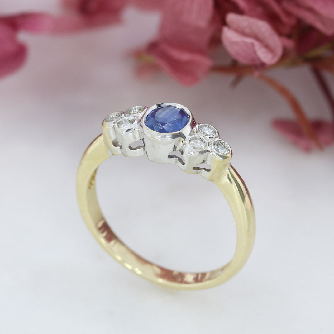 Pre Owned 9ct Yellow Gold Oval Rubover Sapphire & Brilliant Cut Diamond Ring