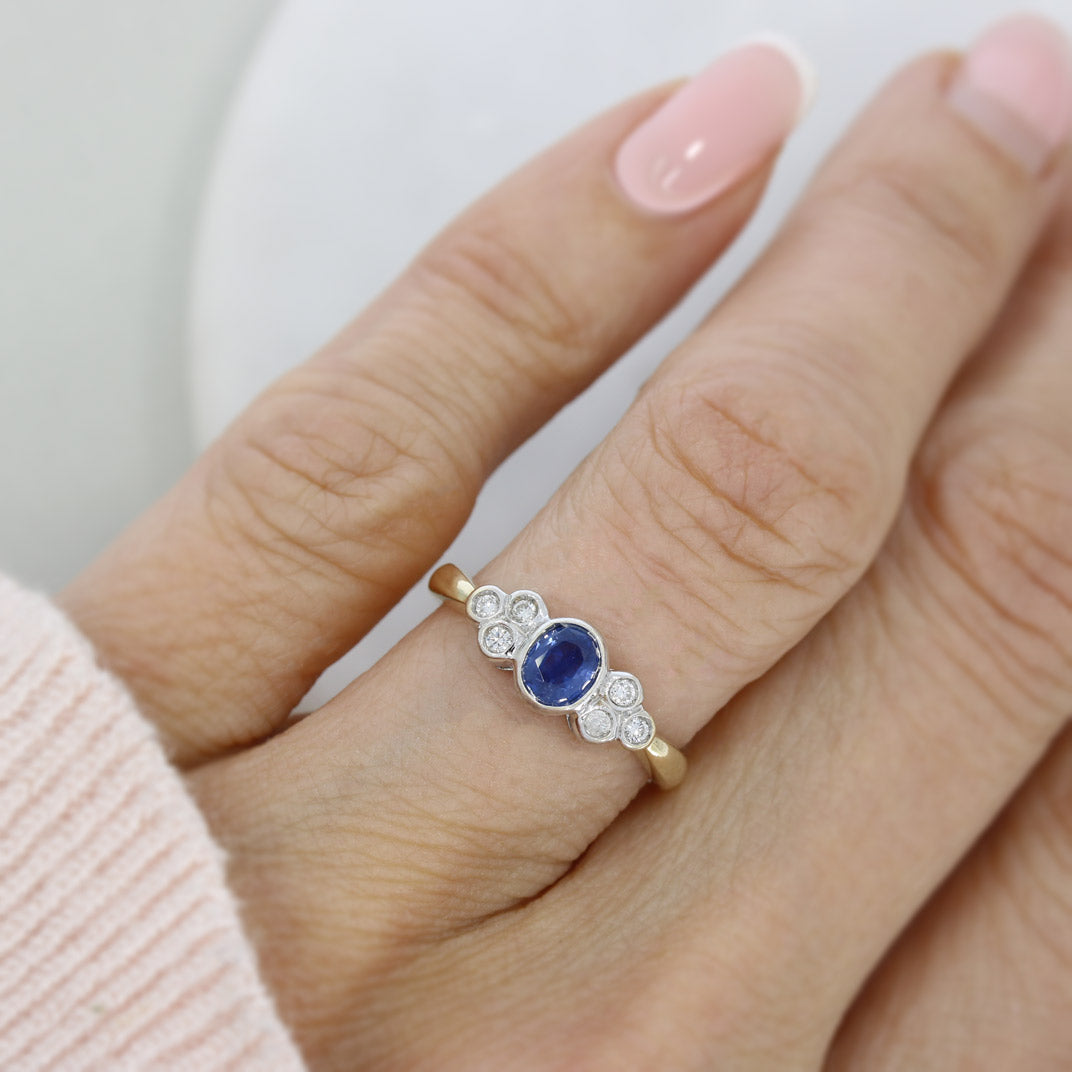 Pre Owned 9ct Yellow Gold Oval Rubover Sapphire & Brilliant Cut Diamond Ring