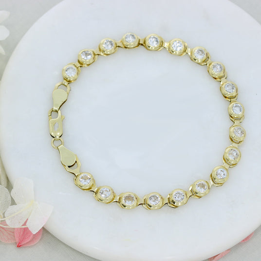 Pre Owned 9ct Yellow Gold Rubover Set CZ Bracelet