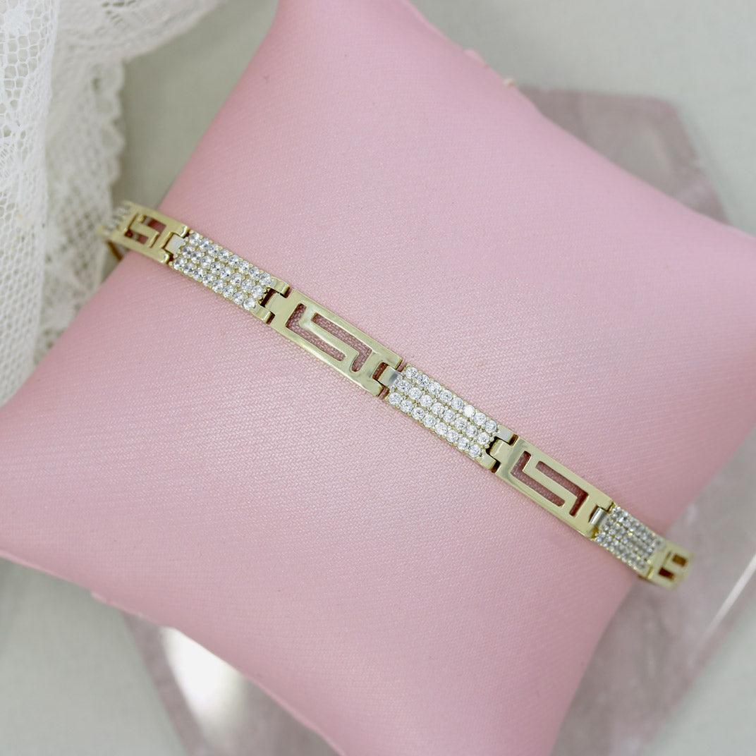 Pre Owned 9ct Yellow Gold Greek Key CZ Bracelet