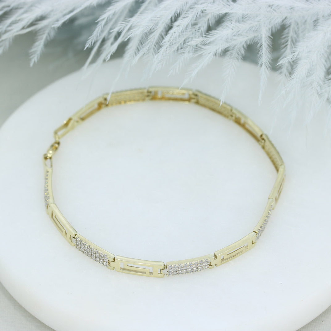 Pre Owned 9ct Yellow Gold Greek Key CZ Bracelet