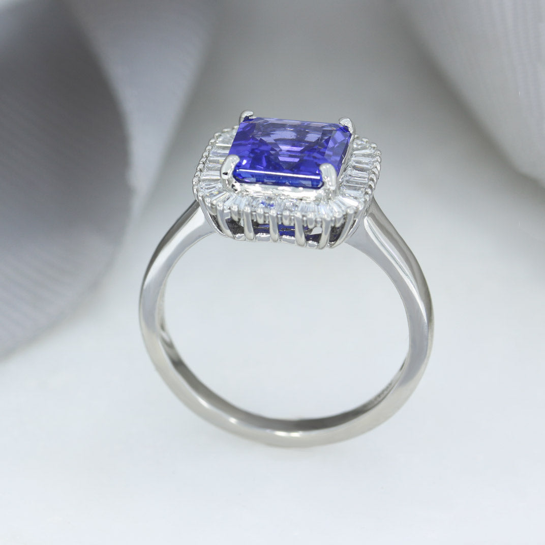 Pre Owned Platinum Square Tanzanite & Diamond Halo Ring