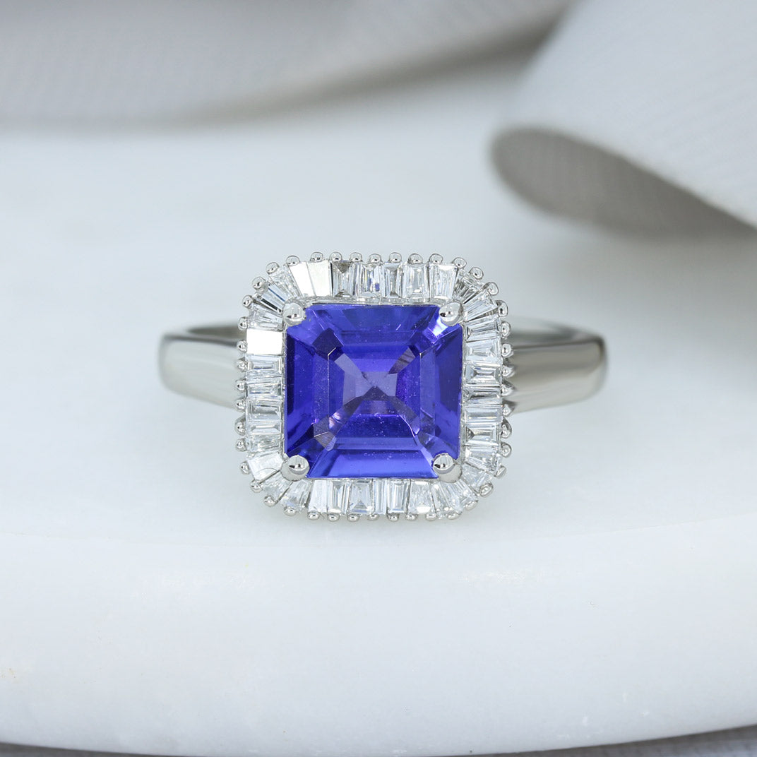 Pre Owned Platinum Square Tanzanite & Diamond Halo Ring