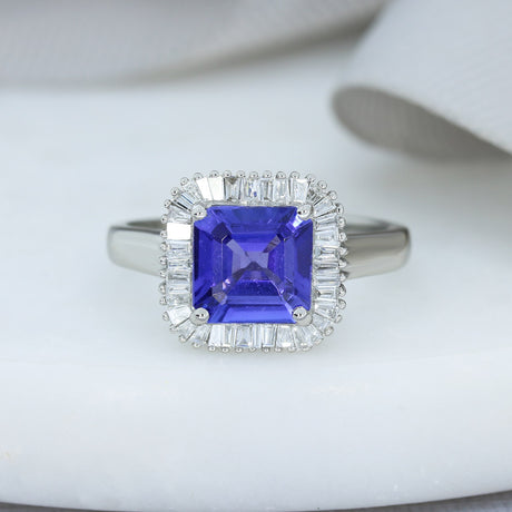 Pre Owned Platinum Square Tanzanite & Diamond Halo Ring