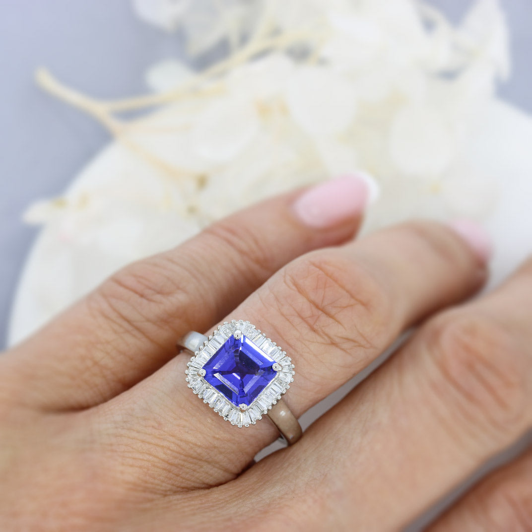 Pre Owned Platinum Square Tanzanite & Diamond Halo Ring