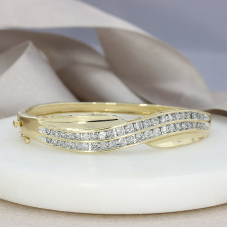 Pre Owned 10ct Yellow Gold Double Row Channel Set Diamond Bangle Approx 2ct