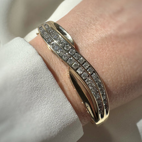 Pre Owned 10ct Yellow Gold Double Row Channel Set Diamond Bangle Approx 2ct