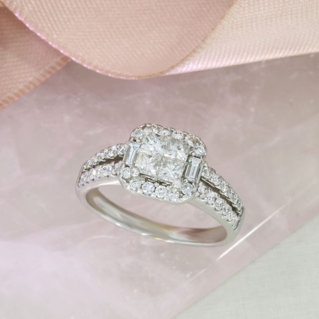 Pre Owned 18ct White Gold Invisible Set Square Diamond Cluster Ring Approx 1.00ct