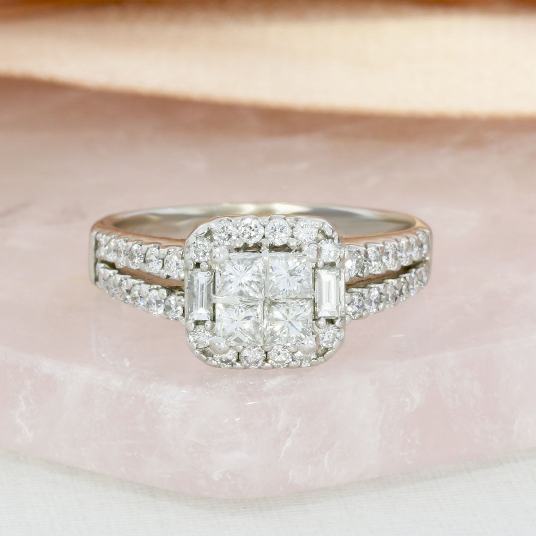 Pre Owned 18ct White Gold Invisible Set Square Diamond Cluster Ring Approx 1.00ct