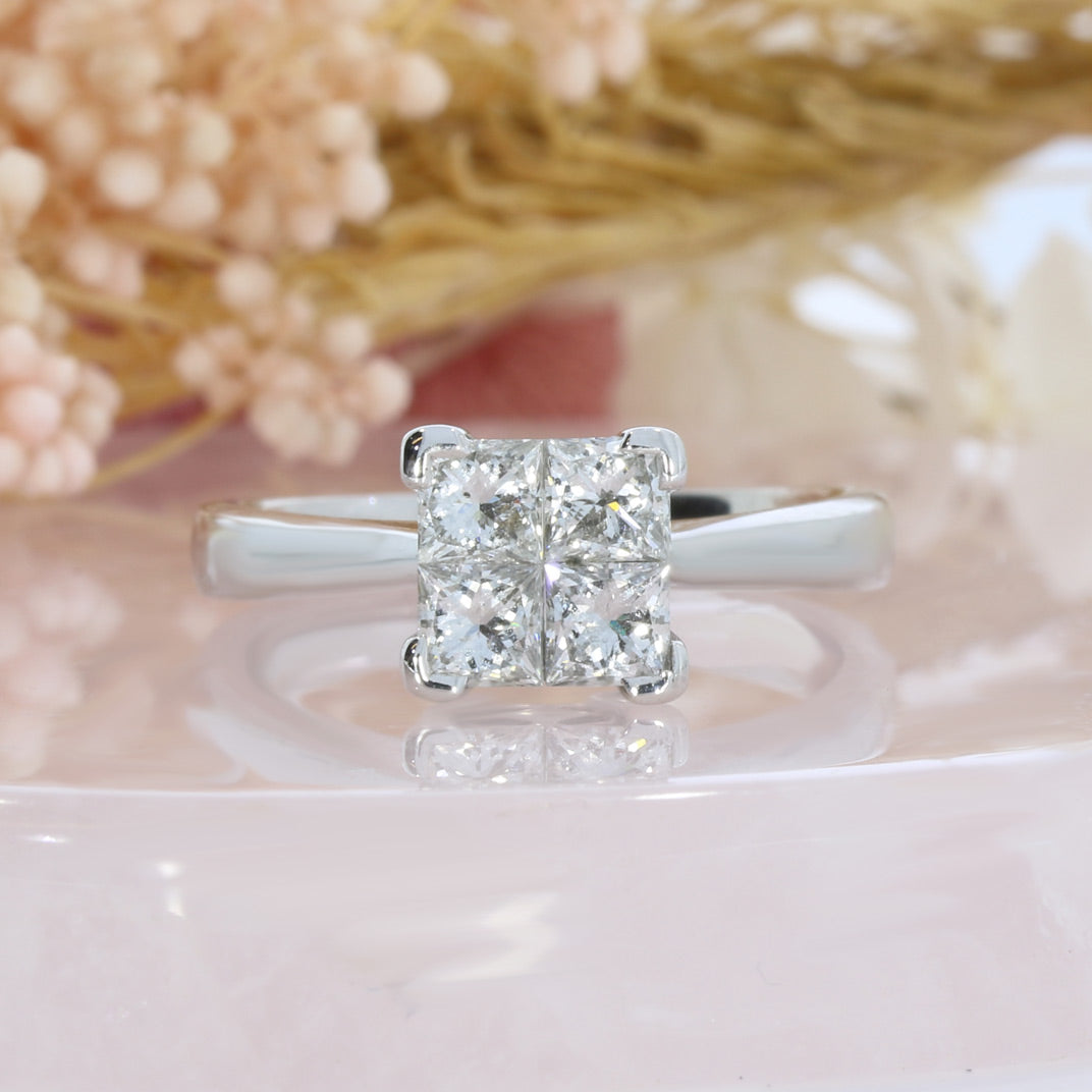 Pre Owned 18ct Gold Illusion Set 4 Stone Princess Cut Diamond Ring 1.00ct