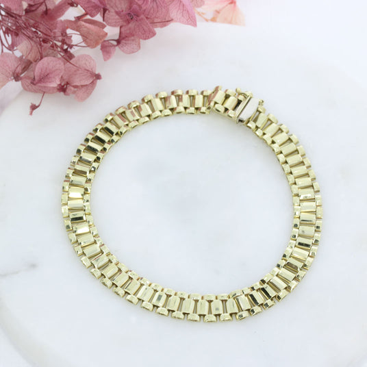Pre Owned 9ct Yellow Gold Solid Flat Link 3 Row Bracelet