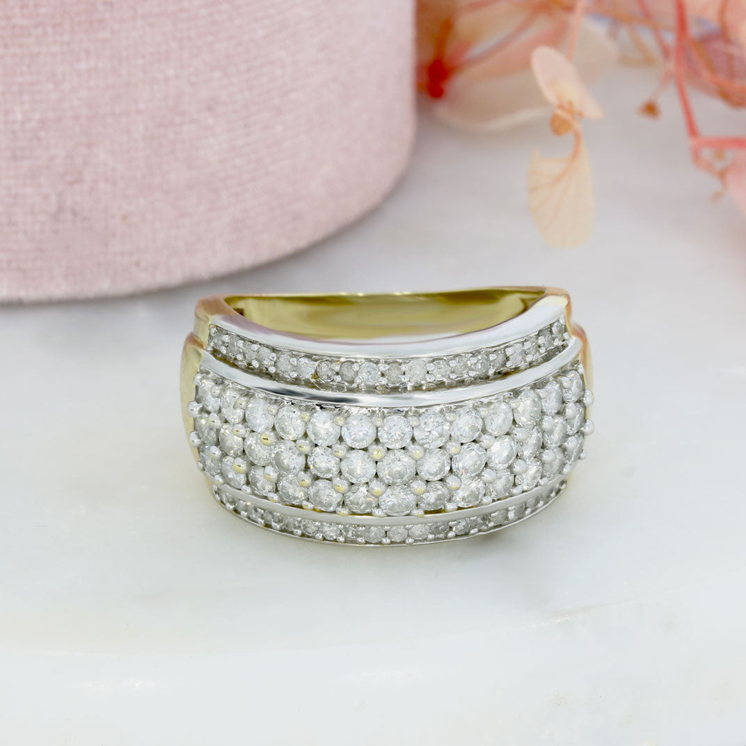 Pre Owned 9ct Yellow Gold 5 Row Claw Set Diamond Cluster Ring approx 1.00ct