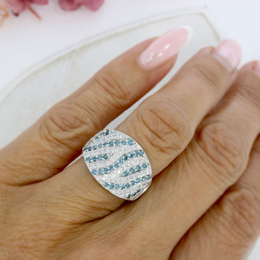 Pre Owned 14ct White Gold Wide Dress Ring with Blue & White Diamonds