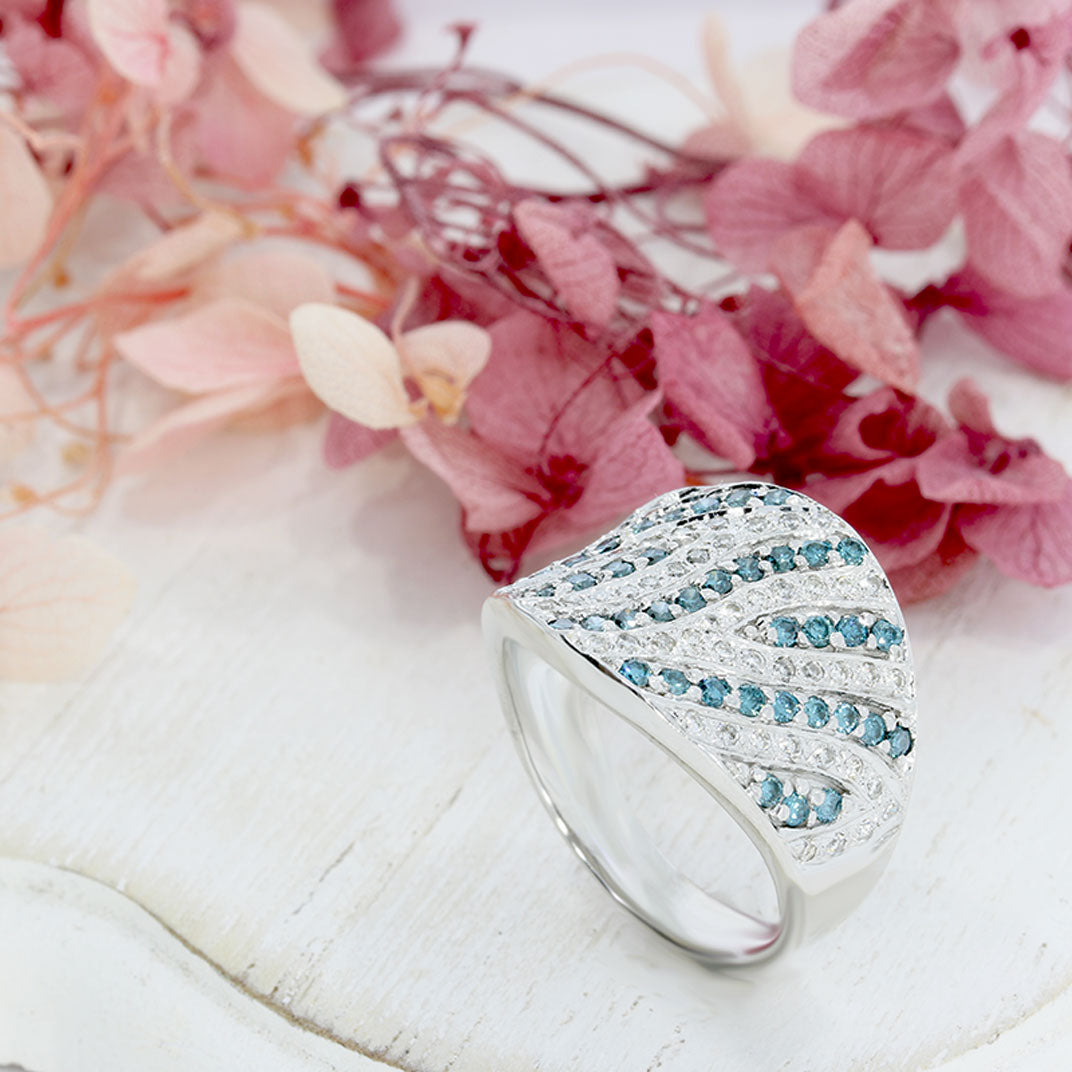Pre Owned 14ct White Gold Wide Dress Ring with Blue & White Diamonds