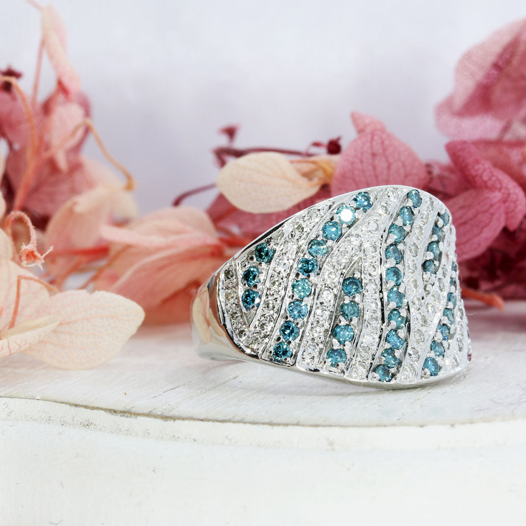 Pre Owned 14ct White Gold Wide Dress Ring with Blue & White Diamonds