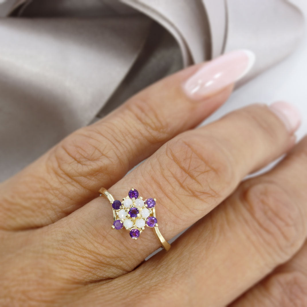 Pre Owned 9ct Yellow Gold Amethyst & Opal Flower Cluster Ring