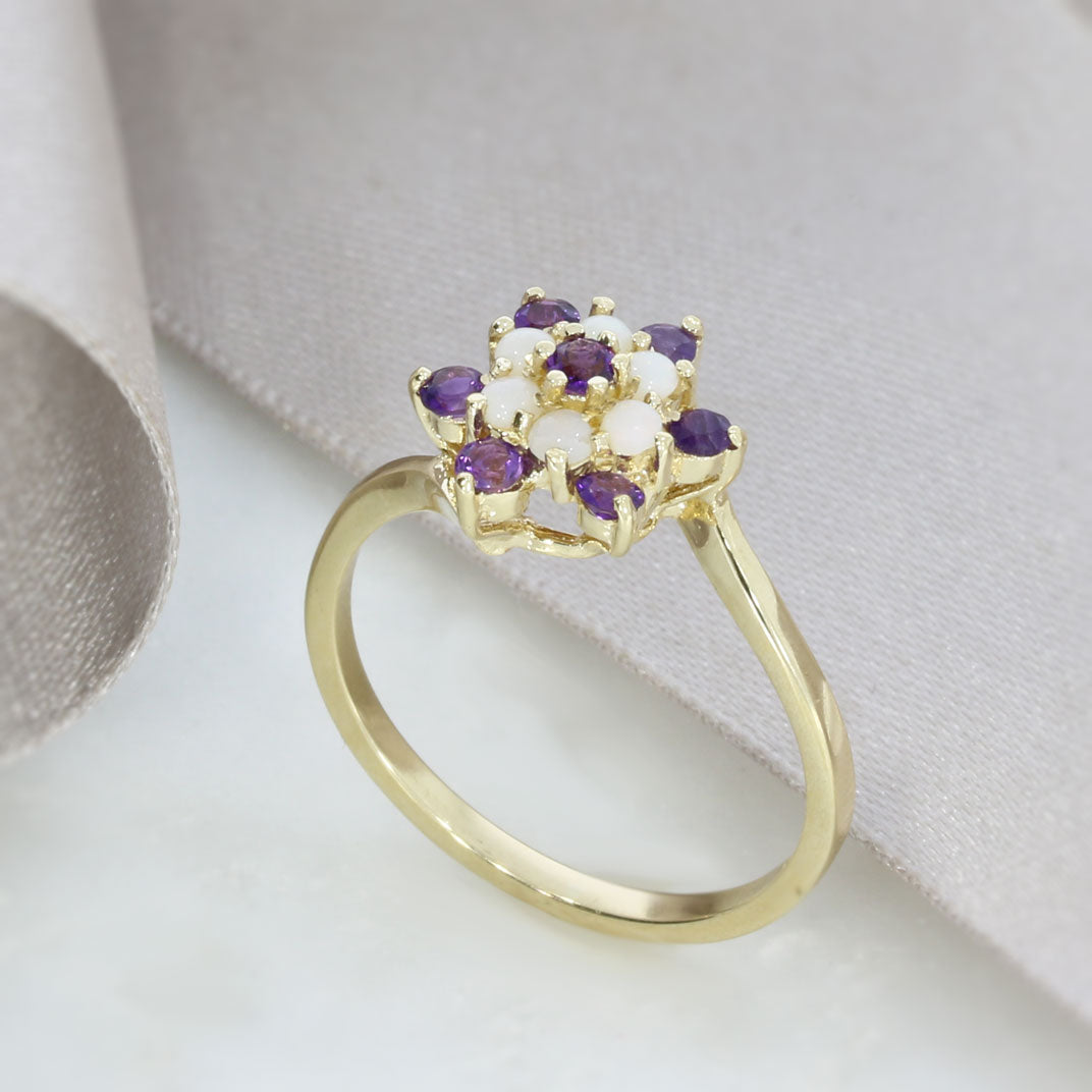 Pre Owned 9ct Yellow Gold Amethyst & Opal Flower Cluster Ring