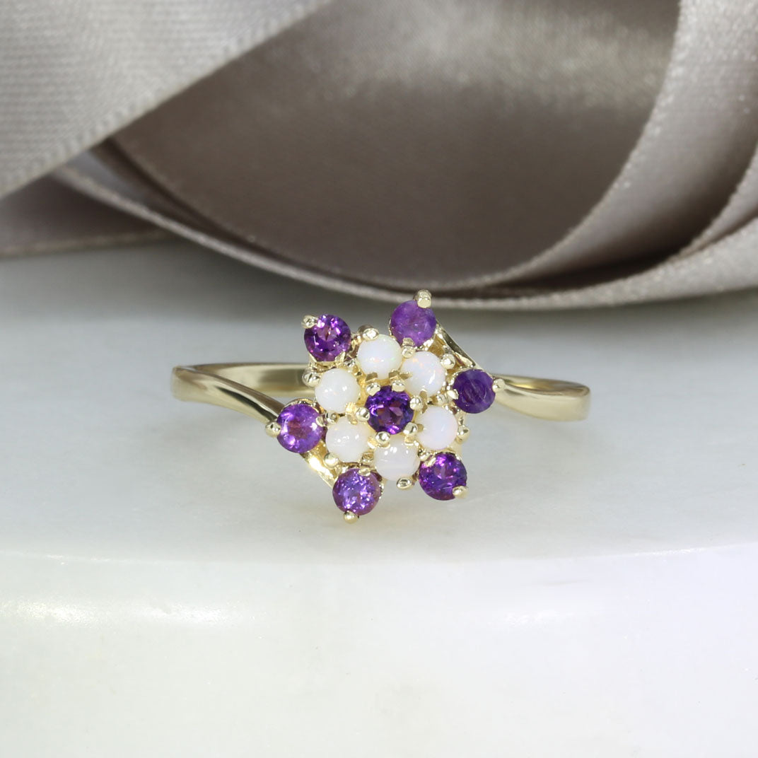 Pre Owned 9ct Yellow Gold Amethyst & Opal Flower Cluster Ring
