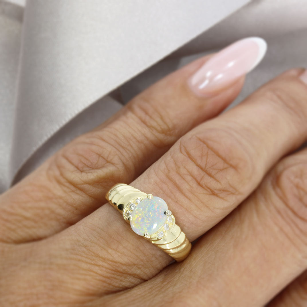 Pre Owned 18ct Yellow Gold Claw Set Oval Opal & Pave Set Diamond Ring