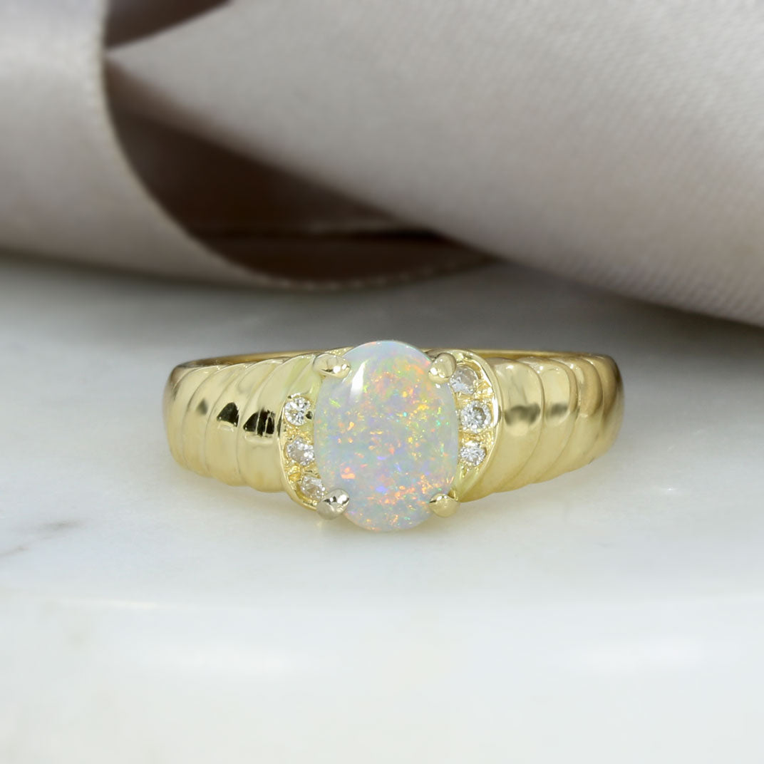 Pre Owned 18ct Yellow Gold Claw Set Oval Opal & Pave Set Diamond Ring