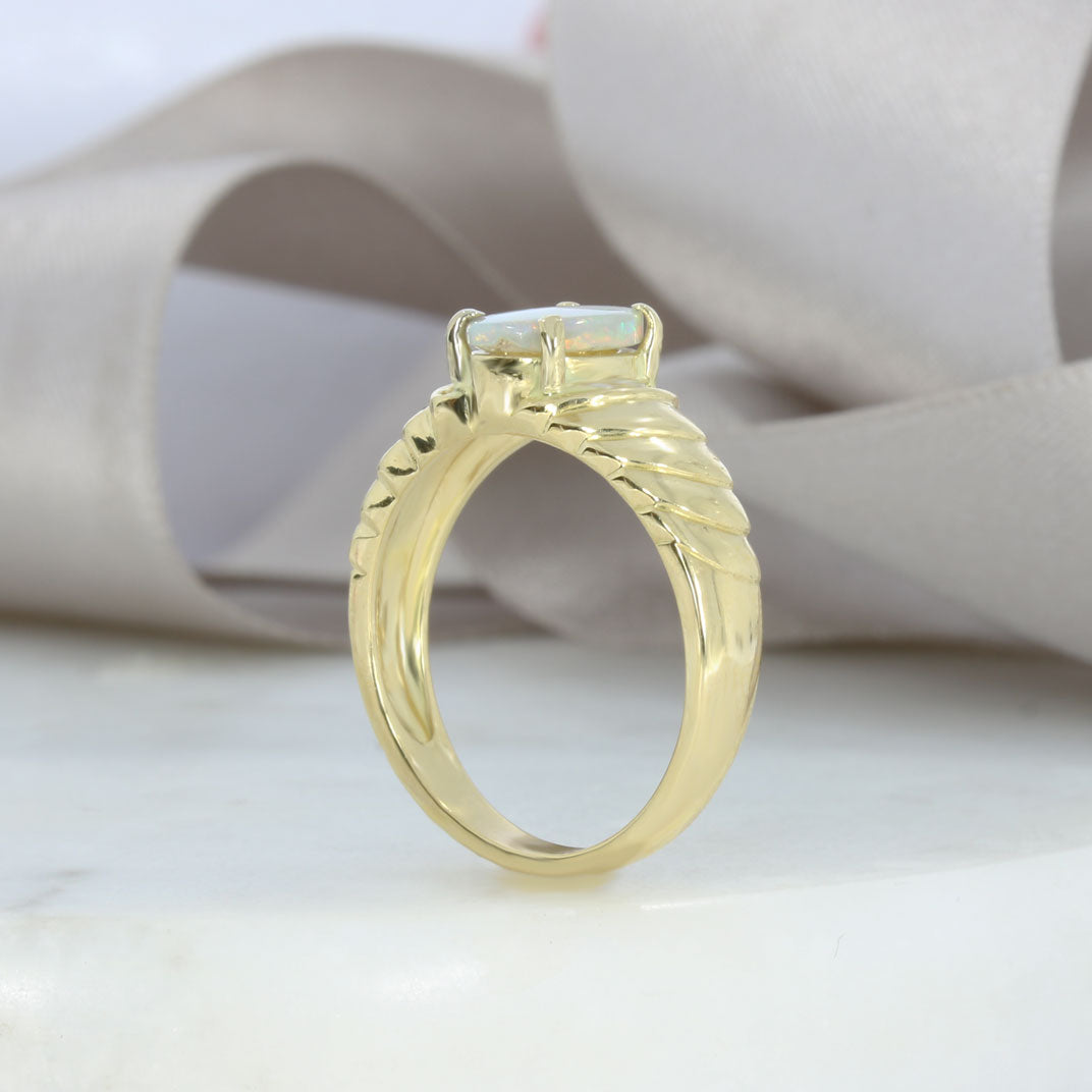 Pre Owned 18ct Yellow Gold Claw Set Oval Opal & Pave Set Diamond Ring