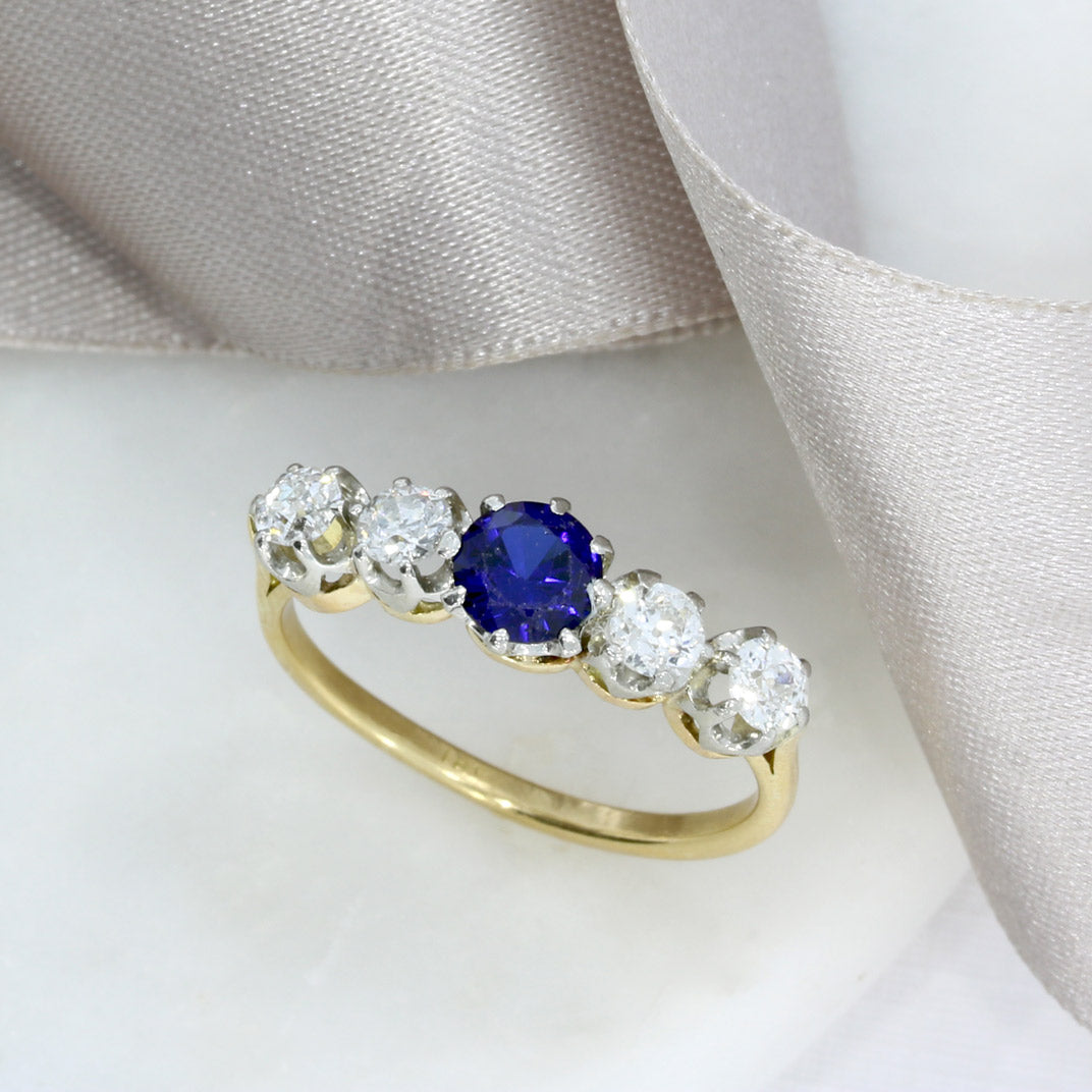 Pre Owned 18ct Yellow Gold Sapphire & Diamond Claw Set 5 Stone Ring