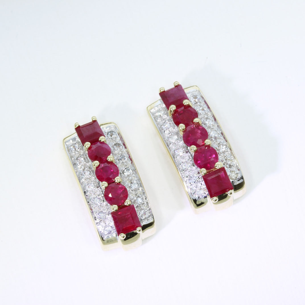 Pre Owned 14ct Yellow Gold Claw Set Ruby Block Earrings with Small Pave Set Diamonds