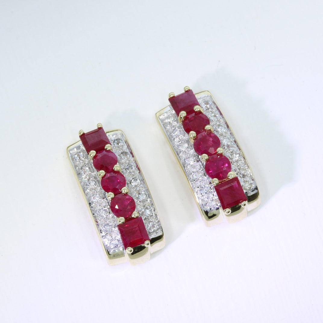 Pre Owned 14ct Yellow Gold Claw Set Ruby Block Earrings with Small Pave Set Diamonds
