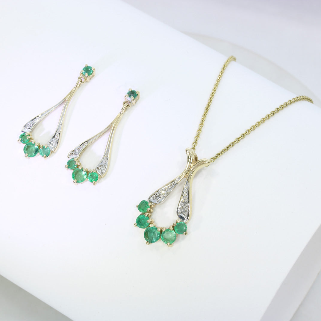 Pre Owned 9ct Gold Teardrop Shape Pendant & Earring Set with Claw Set Emeralds