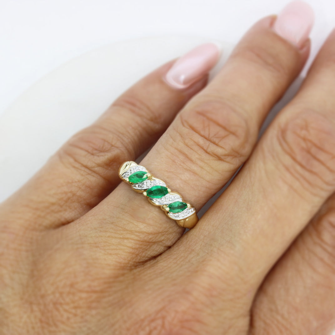 Pre Owned 9ct Yellow Gold Marquise Shape Emerald & Diamond Eternity Ring