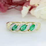 Pre Owned 9ct Yellow Gold Marquise Shape Emerald & Diamond Eternity Ring