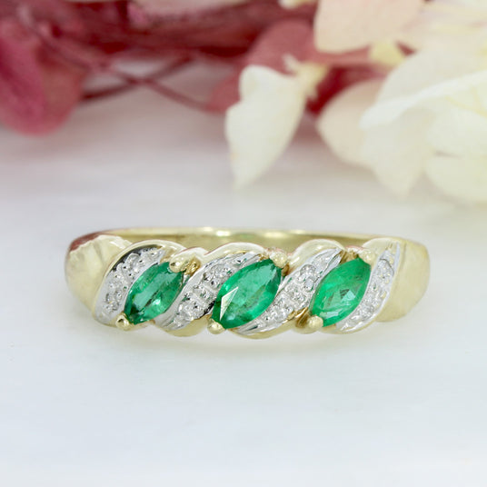 Pre Owned 9ct Yellow Gold Marquise Shape Emerald & Diamond Eternity Ring