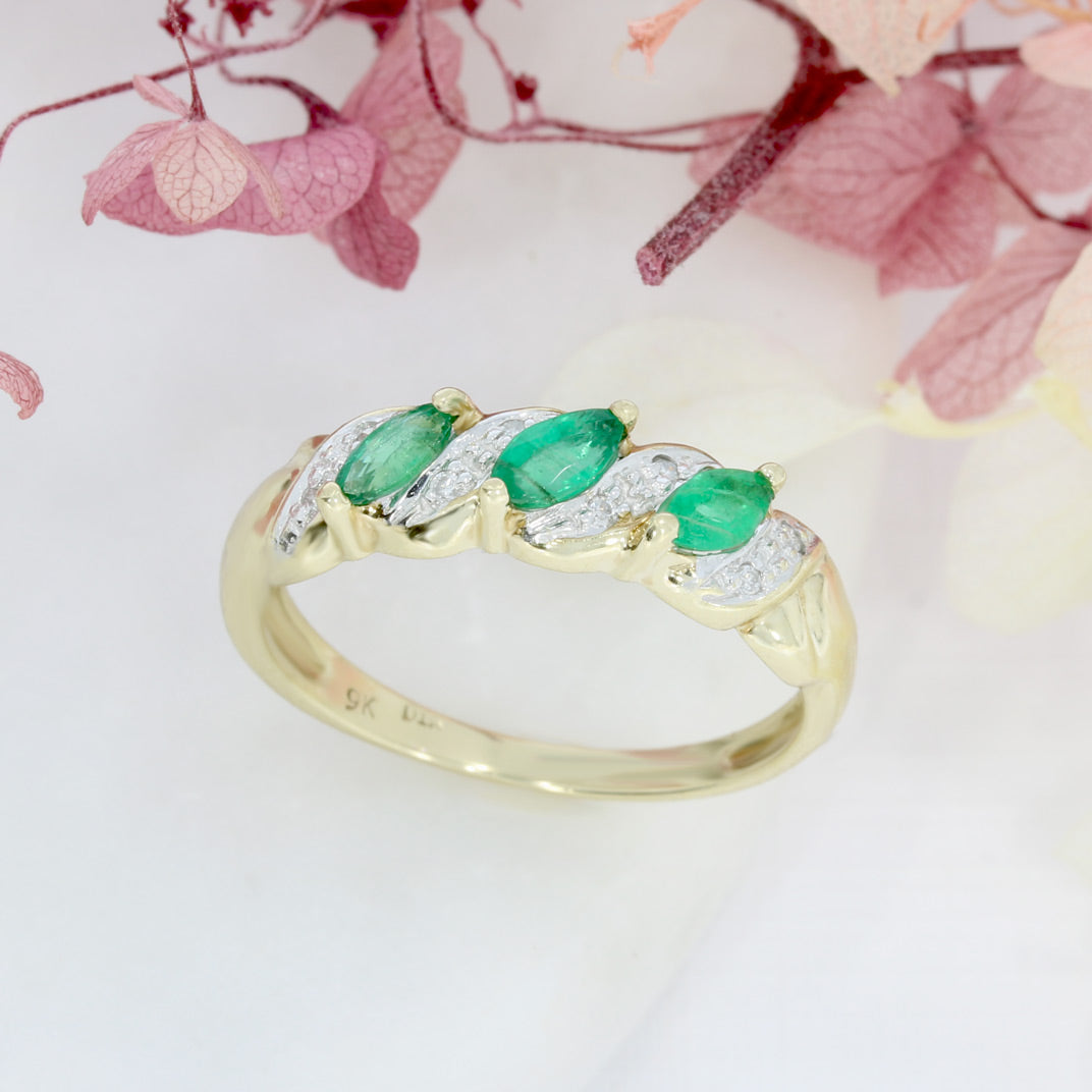Pre Owned 9ct Yellow Gold Marquise Shape Emerald & Diamond Eternity Ring