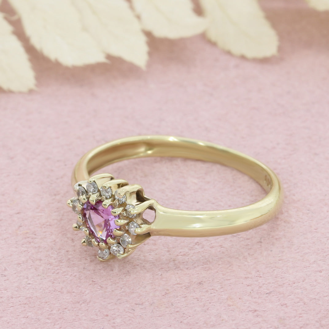 Pre Owned 9ct Gold Heart Shape Pink Sapphire & Diamond Cluster Ring 0.10ct