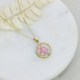 Pre Owned 9ct Gold Circle Pendant with 5 Oval Pink Sapphires & Diamonds on a 18" Chain