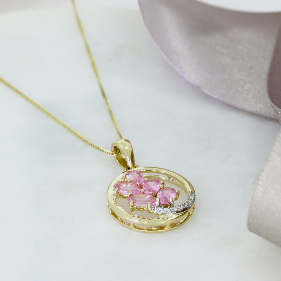 Pre Owned 9ct Gold Circle Pendant with 5 Oval Pink Sapphires & Diamonds on a 18" Chain