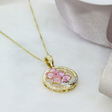 Pre Owned 9ct Gold Circle Pendant with 5 Oval Pink Sapphires & Diamonds on a 18" Chain