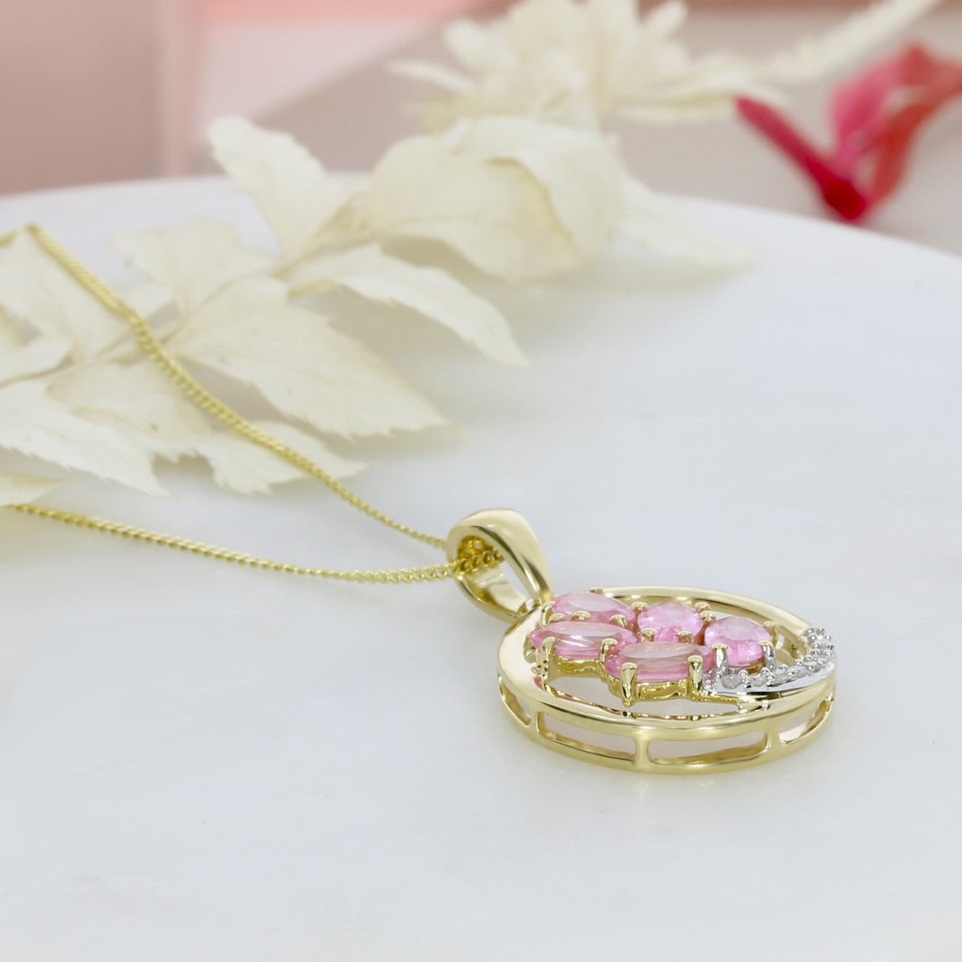Pre Owned 9ct Gold Circle Pendant with 5 Oval Pink Sapphires & Diamonds on a 18" Chain