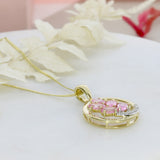 Pre Owned 9ct Gold Circle Pendant with 5 Oval Pink Sapphires & Diamonds on a 18" Chain