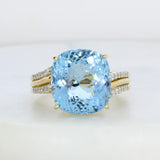 Pre Owned 18ct Yellow Gold 10.6ct Cushion Shape Aquamarine & Diamond Dress Ring